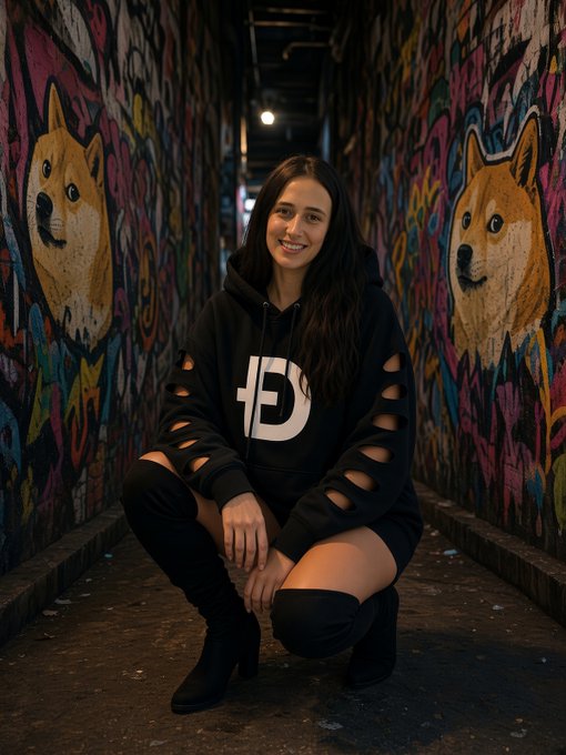 A young woman with long dark hair squats in a graffiti-covered alleyway featuring large Doge/Shiba Inu dog murals on both walls; she wears a black distressed hoodie with a stylized 'B' logo, black over-the-knee boots, and smiles at the camera.