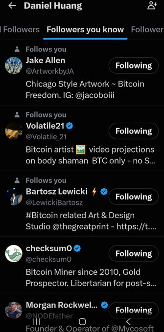A Twitter followers list for Daniel Huang, showing accounts like Jake Allen, Volatile21, Bartosz Lewicki, and checksum0 that he follows who follow him back.