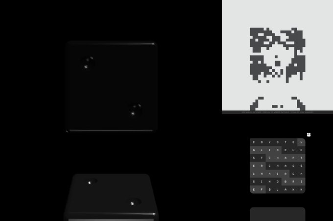 A dark themed interface shows a die with a pixel art character portrait and a keyboard with letters forming a word game.