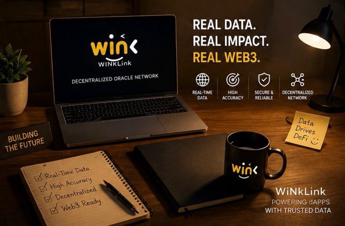A promotional graphic for 'WinLink' shows a laptop displaying 'WINLINK DECENTRALIZED ORACLE NETWORK' alongside a coffee mug and notebook, with text highlighting 'REAL DATA. REAL IMPACT. REAL WEB3.'