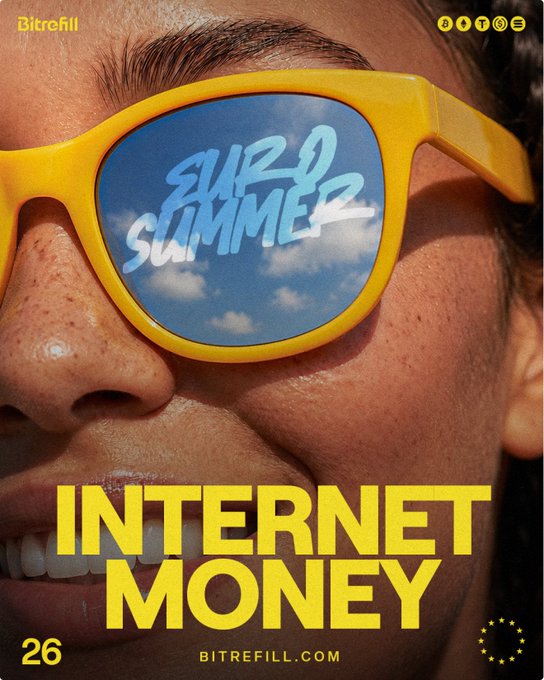 The image shows a close-up of a smiling man wearing bright yellow sunglasses that reflect "BURR SUMMER" in a cloudy sky, with bold yellow text reading "INTERNET MONEY 26" and "BITREFILL.COM" branding below, with crypto ticker symbols (B, T, B, S) at the top—setting a stylish, sunny summer mood that contrasts with the post's mention of a "summer" themed post, though the caption references Italy rather than the song.