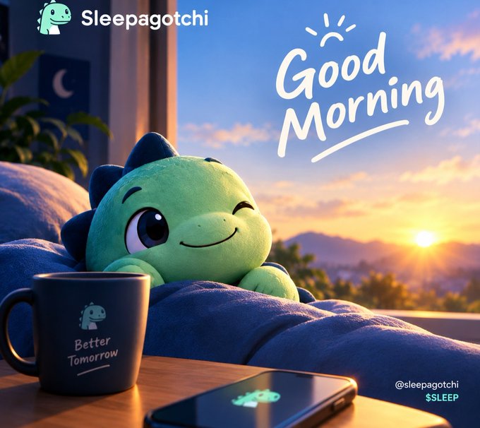 Sleepagotchi 'Good Morning' advertisement showing a green dinosaur-like character on a bed with a 'Better Tomorrow' mug, with sunrise view and $SLEEP ticker mentioned.