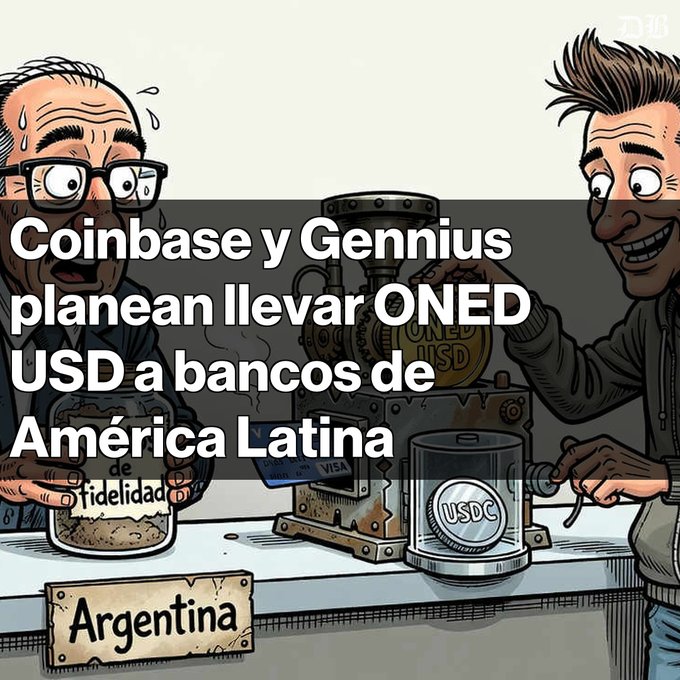 A Spanish-language cartoon image depicting a cryptocurrency machine with text reading 'Coinbase y Gennius planean llevar ONED USD a bancos de América Latina' and a sign labeled 'Argentina'.