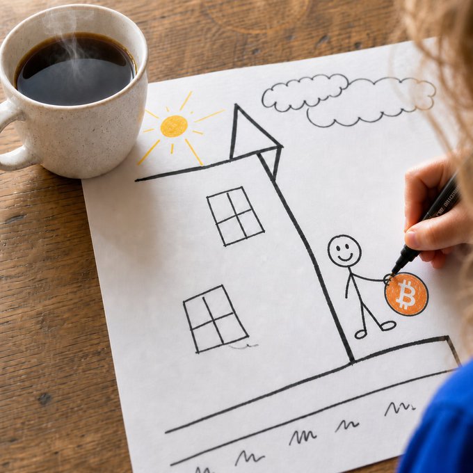 A person sketching on white paper with a black marker, drawing a house, sun, clouds, and a stick figure holding an orange Bitcoin symbol, next to a steaming cup of black coffee on a wooden table.