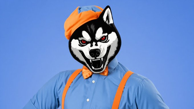 An illustration of a character wearing a blue shirt with orange suspenders, an orange bow tie, and a blue and orange hat, featuring a large wolf or husky mask with sharp teeth and red eyes.