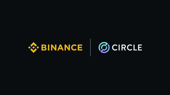 The image displays the logos of "BINANCE" in yellow and "CIRCLE" in a teal-to-purple gradient, separated by a vertical line on a black background, visually representing the investment partnership described in the post between the crypto exchange Binance and Circle Internet Group to expand USDC adoption.