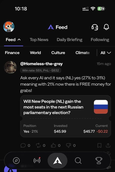 A mobile app screenshot shows a prediction market feed with a post by @Homeless-the-grey discussing a 21% probability that New People (NL) will gain the most seats in the next Russian parliamentary election.