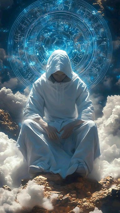 A digital fantasy artwork of a hooded figure in white robes sitting pensively atop a rocky mountain peak surrounded by clouds, with a glowing blue magical circle behind them.