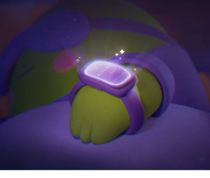 3D illustration of a purple smartwatch displaying '6:35 AI' worn on a green cartoon paw.