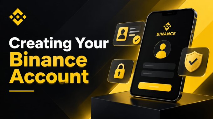 A promotional graphic titled "Creating Your Binance Account" features a smartphone displaying the Binance login interface, alongside symbols representing account creation, security (padlock), and verification. It visually corresponds to the post's introductory steps for setting up a secure Binance crypto account.