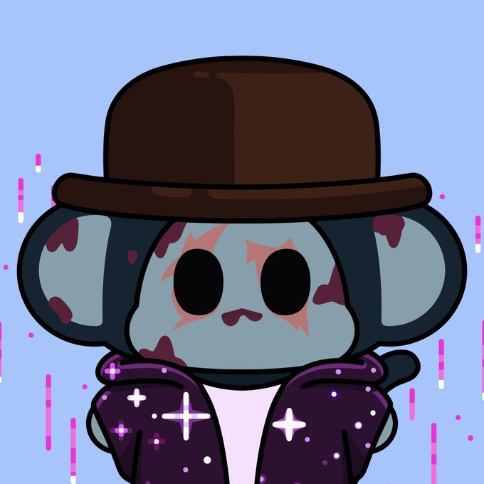 A cute cartoon character resembling Stitch with scars and a bowler hat wears a sparkly purple jacket against a light blue background with pink accents. The image complements the "Collectors collect!" post by visually representing a unique, character collectible figure.