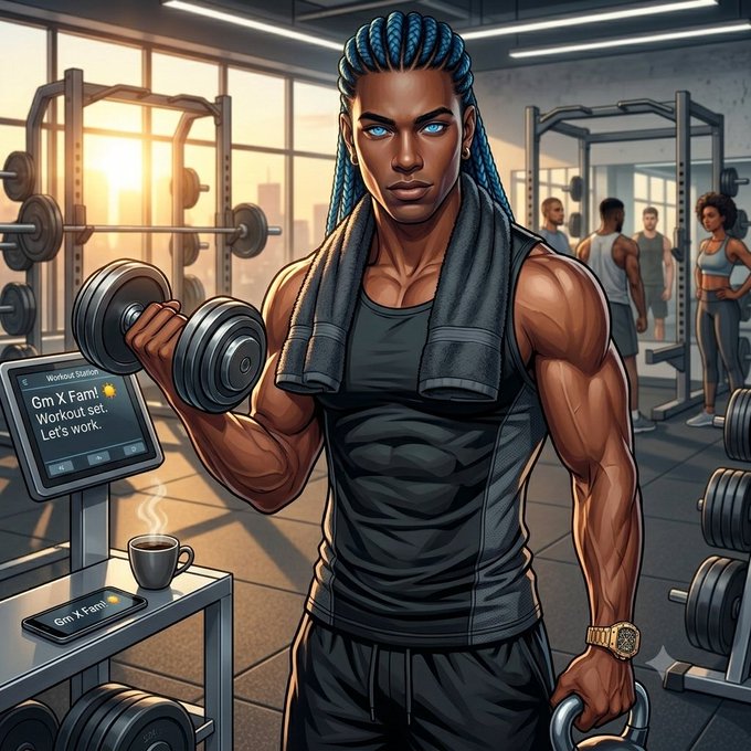 An anime-style digital illustration of a muscular man with blue braided hair lifting a dumbbell in a gym, with a phone displaying a workout notification.
