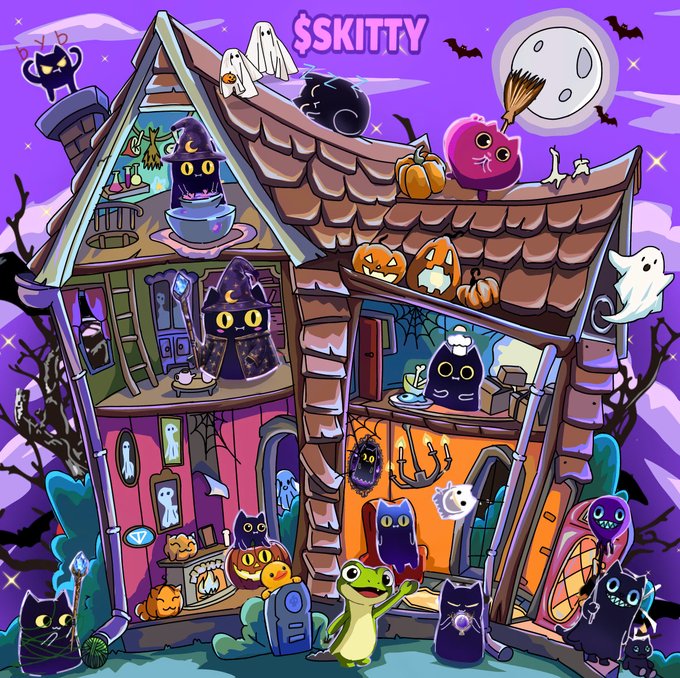A colorful Halloween-themed digital illustration labeled "$SKITTY" features a haunted house filled with black cats, ghosts, pumpkins, and a witch on a broom.