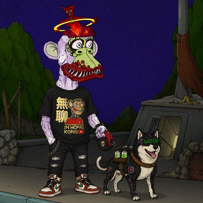 The image features a monkey wearing glasses, holding a leash attached to a dog that has a "Woof" sign on its face. The caption of the post reads, "I want to follow all the English-speaking monkeys!我想关注所有说英文的猴子! Ape follow ape #BAYC #MAYC".