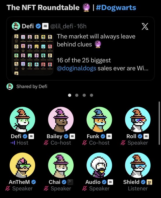 The image shows a Twitter/X post by Defi (@lil_defi) in "The NFT Roundtable #Dogwarts" space, noting that "16 of the 25 biggest @doginaldogs sales ever are Wi..." (wizards), with host Defi, co-hosts Bailey and Funk, and speakers Roll, AnTheM, Chai, Audio, and listener Shield participating. The accompanying post celebrates the new visor wizard design that Shield picked up, mentioning the twinning look and Doginal Dogs' rising floor price, tying into the roundtable's focus on these pixel wizard NFTs.