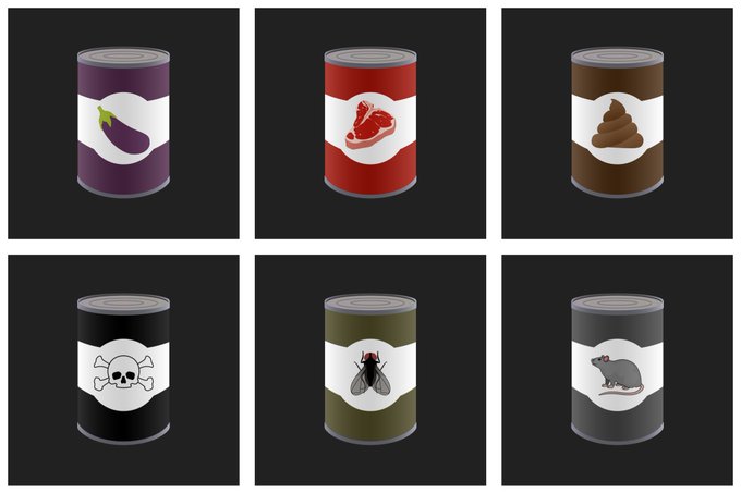 Six illustrated cans with various labels including an eggplant, steak, poop emoji, skull and crossbones, fly, and rat on a dark background.