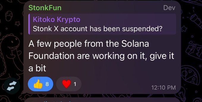 A Discord message from "StonkFun" in the #Kitoko-Krypto channel reports that the Stonk X account has been suspended, but assures users that a few people from the Solana Foundation are working on resolving the issue. The post has 8 thumbs up and 1 heart reaction, sent at 12:10 PM.