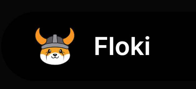 The Floki cryptocurrency logo displayed on a black background, featuring a Shiba Inu dog wearing a viking helmet next to the text 'Floki'.