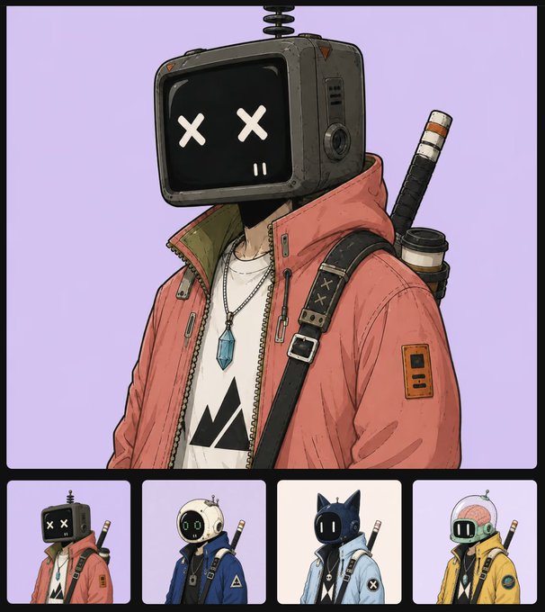 A stylized illustration of a character wearing a TV-head helmet with 'X' eyes, a red jacket, and a sword on their back, shown with three smaller variant designs below featuring different robot and animal-themed helmets.