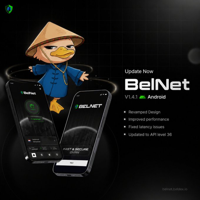 A promotional graphic for BelNet VPN version 1.4.1 for Android, featuring a cartoon duck mascot in a conical hat, showing phone screenshots and listing features like 'Revamped Design,' 'Improved performance,' 'Fixed latency issues,' and 'Updated to API level 36.'