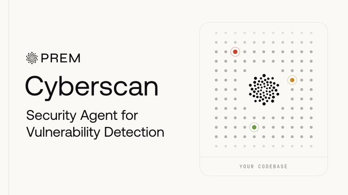 The image displays a promotional graphic for "PREM Cyberscan," described as a "Security Agent for Vulnerability Detection," featuring a visual representation of a codebase marked with a cluster of dots and three highlighted points (red, yellow, and green) on a grid labeled "YOUR CODEBASE."

This relates to the post by illustrating the tool (Prem's Cyberscan) that was used to detect vulnerabilities during the attempted attacks on the platform, visually representing the security scanning process applied to codebases like Bitcoin's to identify potential threats.