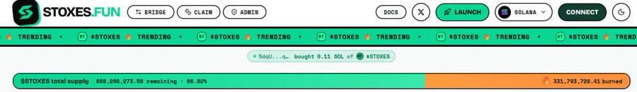A screenshot of the StokesFun website displays trending information for the $STOKES token, showing a total supply of 668,208,273.50 with 56.48% remaining and 331,793,728.43 burned.