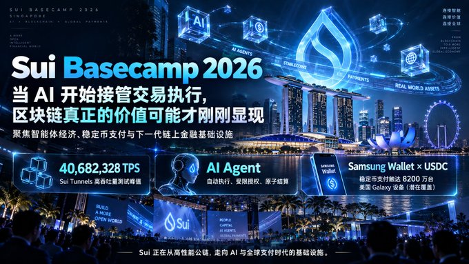 A futuristic “Sui Basecamp 2026” conference poster features a Singapore skyline, AI-agent and blockchain graphics, and text including “40,682,328 TPS,” “AI Agent,” and “Samsung Wallet × USDC.”