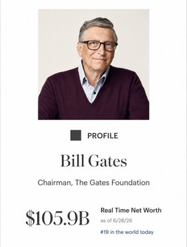 The image shows a profile of Bill Gates, identified as "Chairman, The Gates Foundation," with a "Real Time Net Worth" listed as "$105.9B as of 6/28/26" and ranked "#19 in the world today." It serves as a visual reference for the post's claim that CZ's estimated $107.7B fortune has now surpassed Bill Gates' net worth, illustrating the comparison between traditional tech wealth and the rising financial power of crypto moguls.