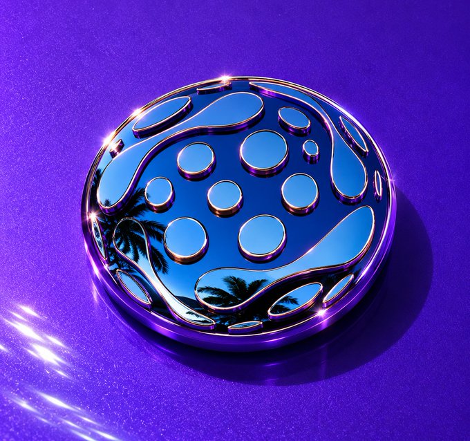 A glossy purple and blue liquid-like emblem with circular dots, resembling a stylized skull or badge design, set against a vibrant purple background.