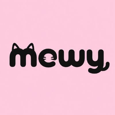 A pink background with the black 'mewy' logo featuring cat ears and a tail integrated into the letter 'm'.