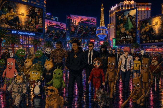 An illustration of various internet memes and characters gathered on the Las Vegas strip, with billboards promoting '$RTM Summit: Return to Memes.'