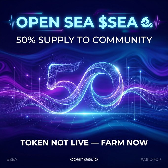 A promotional graphic for 'OPEN SEA $SEA' advertising '50% SUPPLY TO COMMUNITY' and 'TOKEN NOT LIVE — FARM NOW' with opensea.io branding.