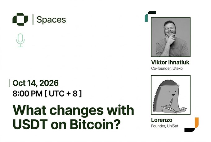 a promotional announcement for an x spaces event on oct 14, 2026 titled 'what changes with usdt on bitcoin?' featuring speakers viktor ihnatiuk and lorenzo