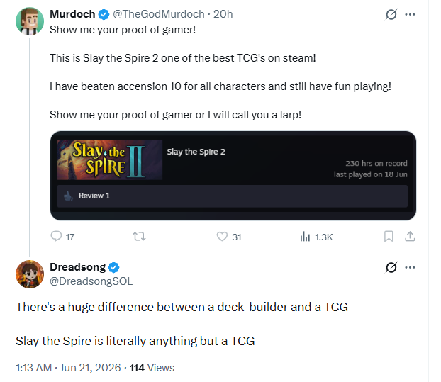 The image shows two Twitter posts, one from a user named DREADSONG and another from a user named SPIRE2. The first post is about a game called "Slay the Spire 2" that has been blocked by someone for pointing out they have no clue about some basic gaming knowledge. The second post is a response to the first post, stating that the person who blocked them has no idea what they are talking about and calling them a larp.