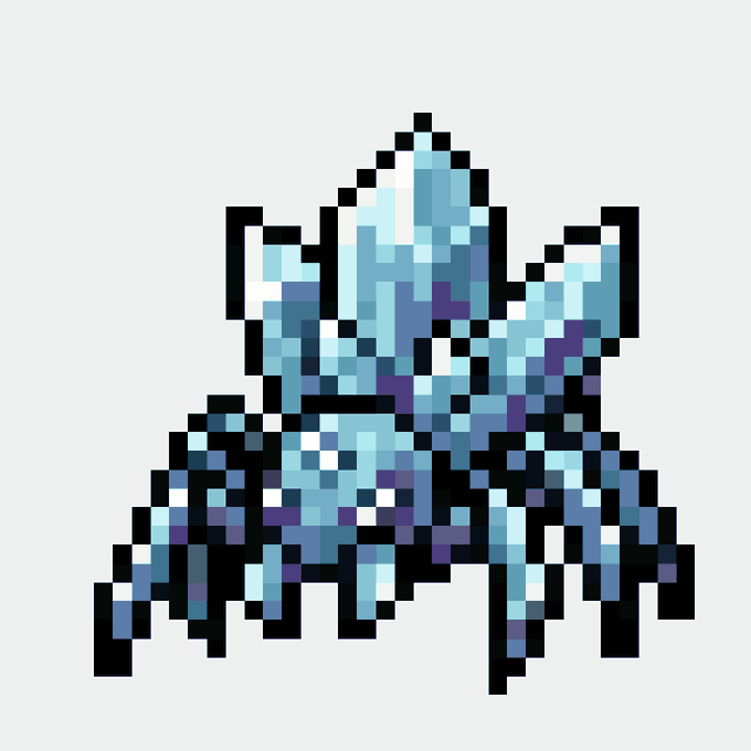 A pixel art sprite of a creature resembling a squid or alien made of light blue, dark blue, and white pixels against a gray background.