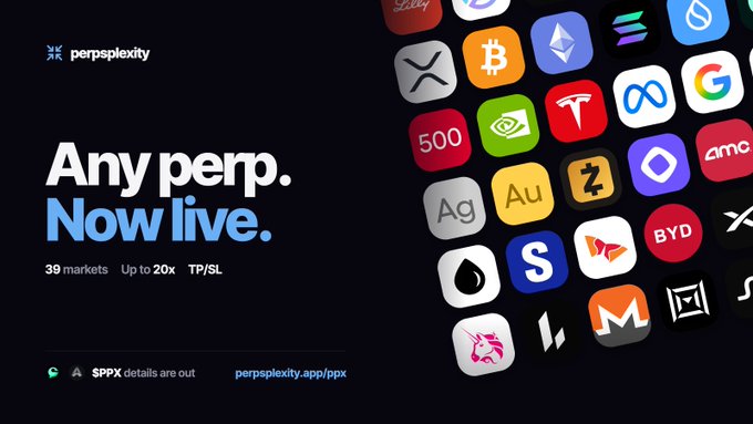 An advertisement for Persplexity stating 'Any perp. Now live.' with details including 39 markets, Up to 20x, and TP/SL, alongside various app icons.