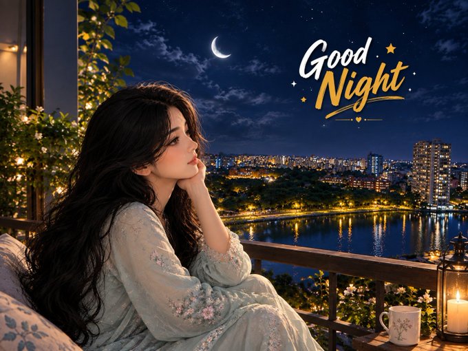 A digital illustration of a woman with long dark hair in a floral dress gazing at a moonlit cityscape over water, with 'Good Night' text in the sky and a lit candle and coffee mug on the balcony railing beside her.