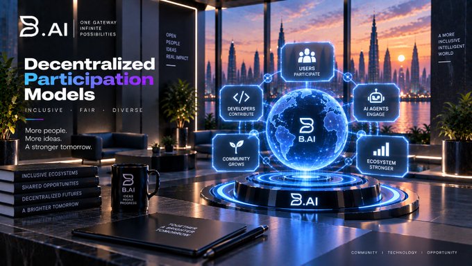 A promotional graphic for 'B.AI' advertising 'Decentralized Participation Models' with 'B.AI' and '8.AI' branding visible.