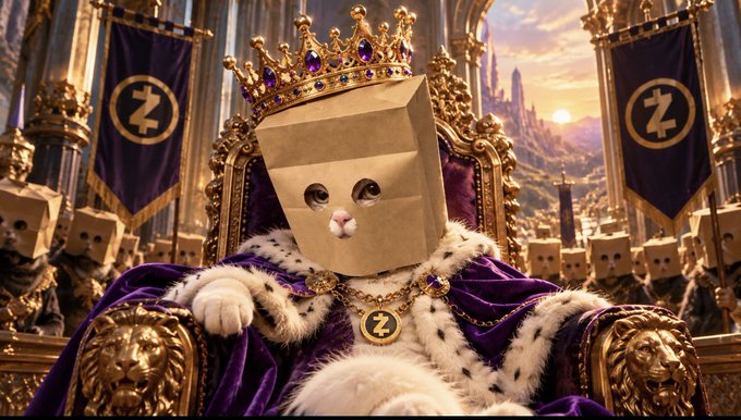 A regal cat wearing a brown paper bag mask with eye holes sits enthroned as a king, adorned with a golden crown encrusted with purple gems, royal purple robes with white fur trim, and lion-head armrests. Purple banners displaying the "$Z" logo flank the throne, reinforcing the post's reference to the $ZCAT meme coin as the "Kingmaker."
