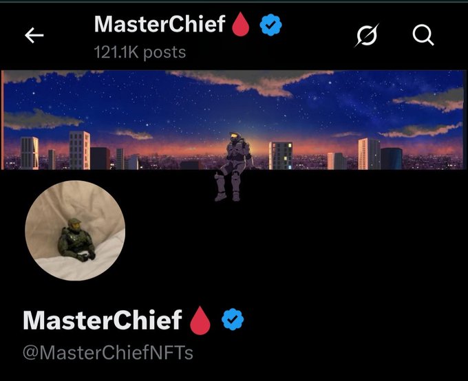 A Twitter/X profile page for MasterChief (@MasterChiefNFTs) with a verified badge, showing 121.1K posts, a banner featuring an anime-style Master Chief character against a cityscape at night, and a profile picture of a small Master Chief figure.