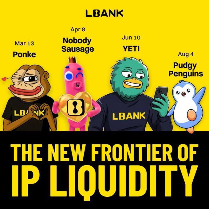 The image is an LBANK promotional graphic showcasing four meme coin IP listings on a timeline: Ponke (Mar 13), Nobody Sausage (Apr 8), YETI (Jun 10), and Pudgy Penguins (Aug 4), with the tagline "THE NEW FRONTIER OF IP LIQUIDITY."

The visual reinforces the post's argument by showing that LBANK's liquidity is driven by culturally recognizable IP characters (mascots like the monkey, sausage, yeti, and penguin) rather than just trading pairs or fee structures—positioning IP/cultural recognition as a new, harder-to-replicate form of liquidity.