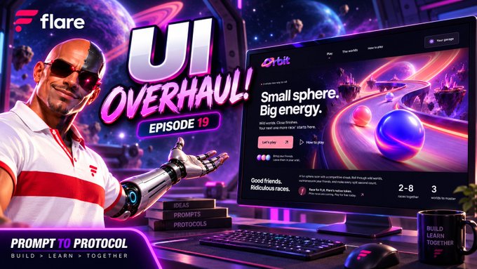 A promotional graphic for 'flare' featuring a man with a robotic arm, advertising a 'UI OVERHAUL! EPISODE 19' and showcasing a desktop interface with the text 'Small sphere. Big energy.'