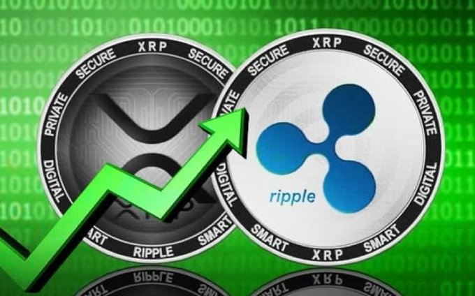 Two XRP/Ripple cryptocurrency coins are displayed against a green binary code background, with a green upward trending arrow between them.