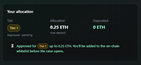 A cryptocurrency allocation interface showing 'Tier 1' approved status with a max deposit of 0.25 ETH and 0 ETH deposited, noting whitelist approval before raise opens.