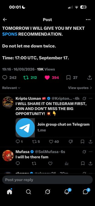 A tweet from Kripto Uzman announces '$PONS RECOMMENDATION' for September 17 at 17:00 UTC, with replies including an invitation to 'Join group chat on Telegram'.