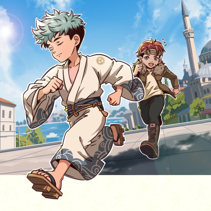 An anime-style illustration shows two characters—one in a white robe with teal hair and another in a brown jacket with brown hair—running joyfully in a cityscape with a minaret in the background.