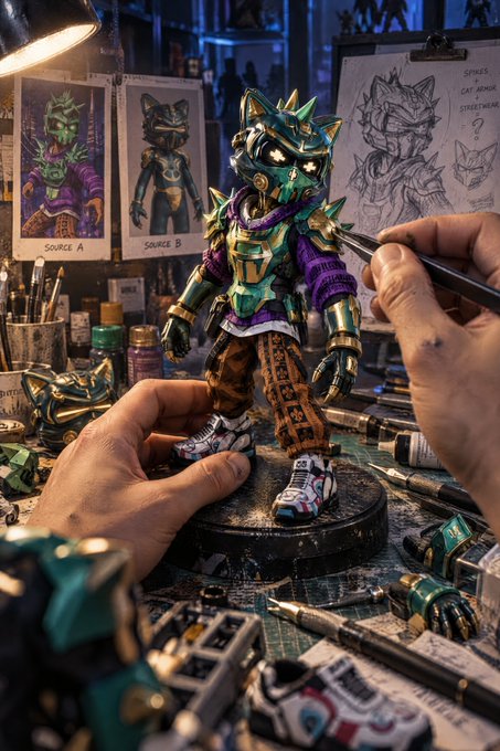 A detailed scene showing hands working on a customized action figure with spikes and graffiti-style design, surrounded by design sketches labeled 'SOURCE A' and 'SOURCE B', along with art tools and miniature sneakers.