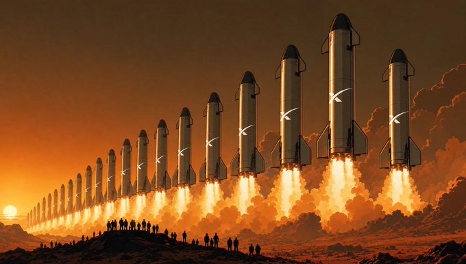 A dramatic digital illustration shows a massive fleet of SpaceX-style rockets launching in a row at sunset, with silhouetted figures watching from the foreground.