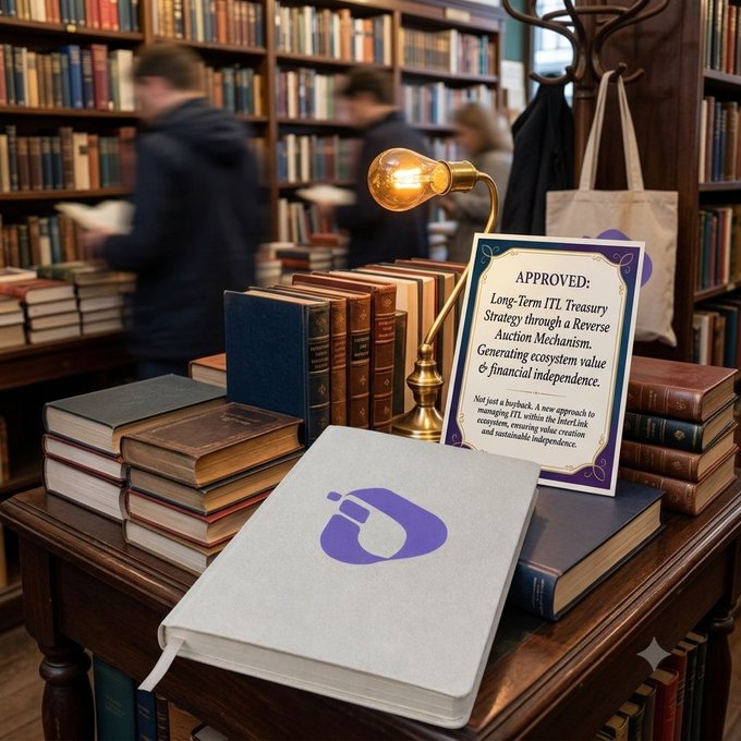 A book and a promotional card on a wooden table in a bookstore, with the card reading 'APPROVED: Long-Term ITL Treasury Strategy through a Reverse Auction Mechanism. Generating ecosystem value & financial independence.'