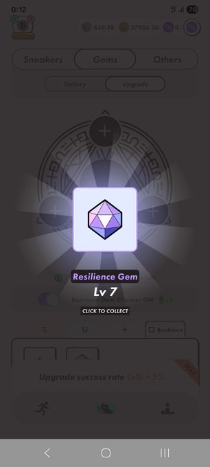 A mobile game screen displaying a 'Resilience Gem' at Lv 7 with the option to collect, set against a mystical purple geometric background.